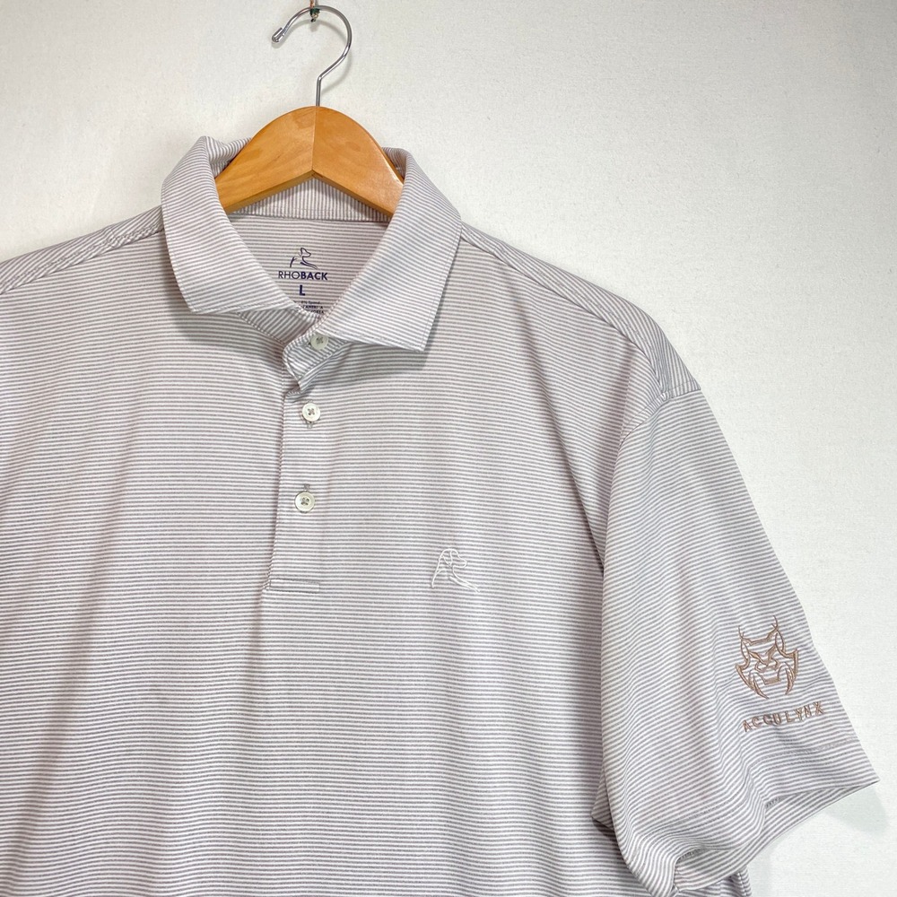 Rhoback Mens Large Performance Polo Shirt Grey White Stripe AccuLynx Logo L